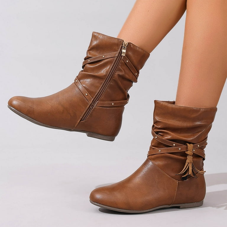 Leozcaa Women's Mid Calf Boots Slouchy Round Toe Flat Low Heel