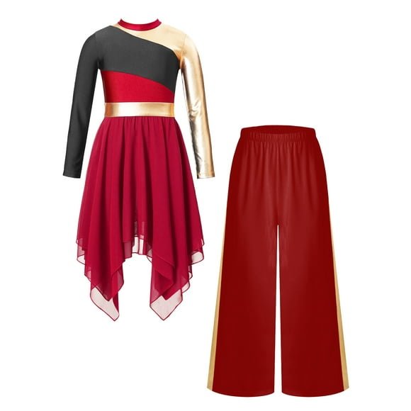 Aiihoo Robe de Prière Liturgique pour Filles Enfants Danse Église Tunique de Culte Irrégulière avec Pantalon Palazzo Robe Lyrique Bourgogne 6