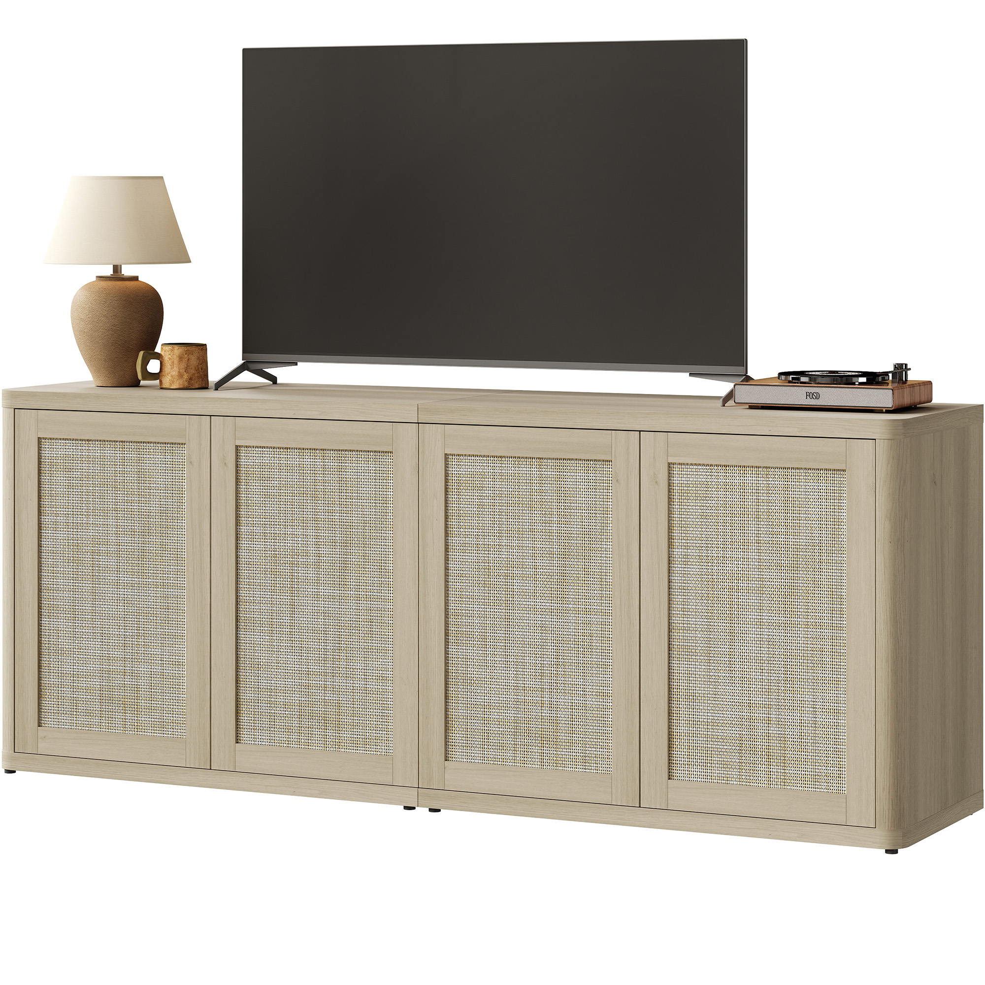 SICOTAS 64" Boho TV Stand Cabinet for TVs up to 75", Rattan TV Media Console Table with 4 Doors & 2 Adjustable Shelves, Large Curved Farmhouse Tall Entertainment Center for Living Room, Light Oak