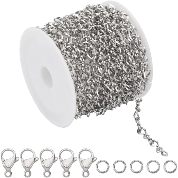 Carrete de cadena de cable de acero inoxidable de 5 m (16,4 pies), cadena trenzada de 7 x 4 mm, cadena para collar trenzada, 50 anillas abiertas, 20 cierres de langosta.