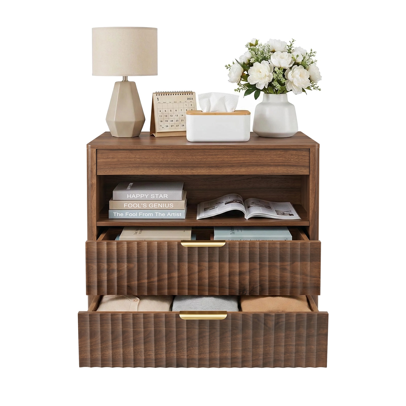 Hommoo Nightstand with 2 Drawers, Pull-Out Shelf & Hidden Power Outlets, Modern Bedside Table for Bedroom, Office or Living Room, Walnut