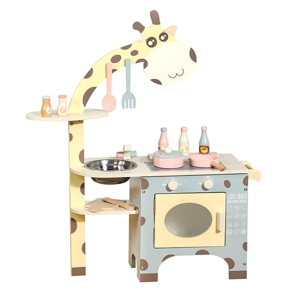 Play Kitchen for Kids Toddlers, Wooden Play Kitchen with Realistic Accessories, Toy Kitchen Set with Plenty of Play Features, Animal Style Toy Kitchen for Girls & Boys, Gift for Ages 3