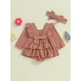 thumbnail image 4 of Musuos Baby Girls 2 Piece Outfits 0-18M Solid Color Ruffles Long Sleeve Romper Dress and Cute Headband Set for Toddler Infant, 4 of 9