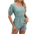 thumbnail image 2 of AXXD Women Shirts Green Basic 2024 Summer Lace Sleeve Tops Solid Short Sleeve Crew Neck Shirt, 2 of 5