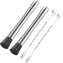 USTOP 4Pcs 10 Inch Muddler and Spoon Set, Stainless Steel Bar Tool Kit with Polished Finish, Home Bar Bartender Accessories  for Muddling Fruits, Mixing Cocktails, Home Bar, Party & Kitchen Use.