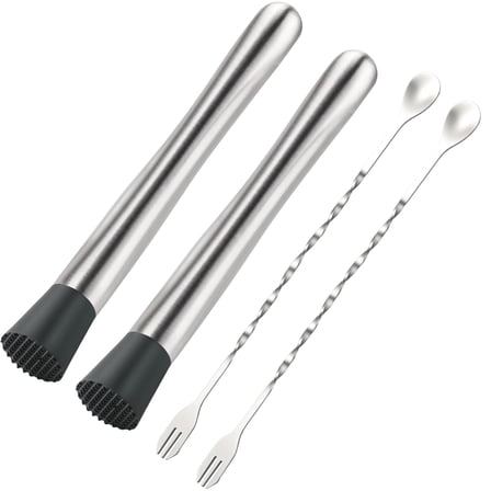 USTOP 4Pcs 10 Inch Muddler and Spoon Set, Stainless Steel Bar Tool Kit with Polished Finish, Home Bar Bartender Accessories  for Muddling Fruits, Mixing Cocktails, Home Bar, Party & Kitchen Use.
