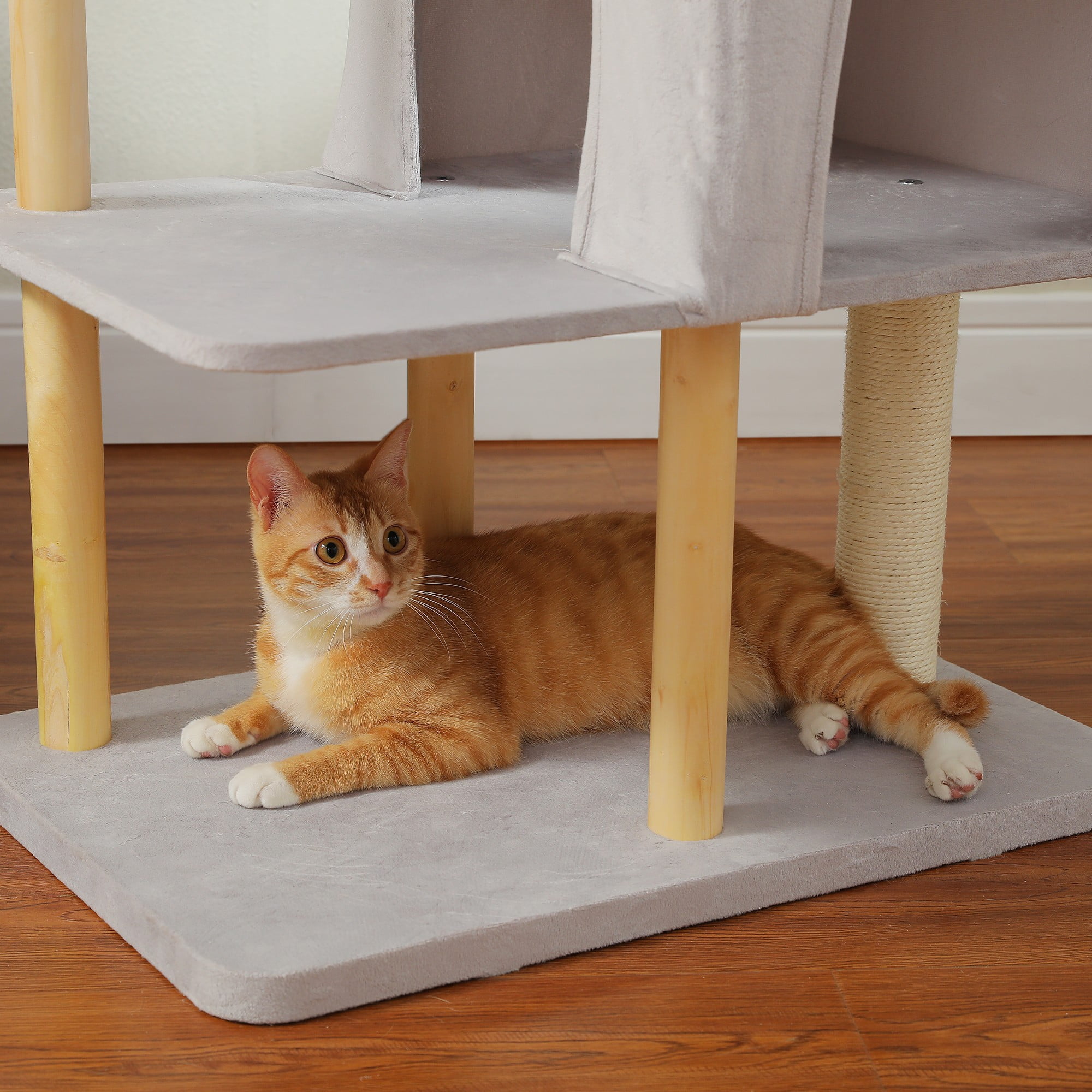 resenkos 53" Modern Wooden Cat Tree Tower for Indoor Cats, Multi-Level Cat Condos with Long Scratching Posts and Scraping Columns, Gray