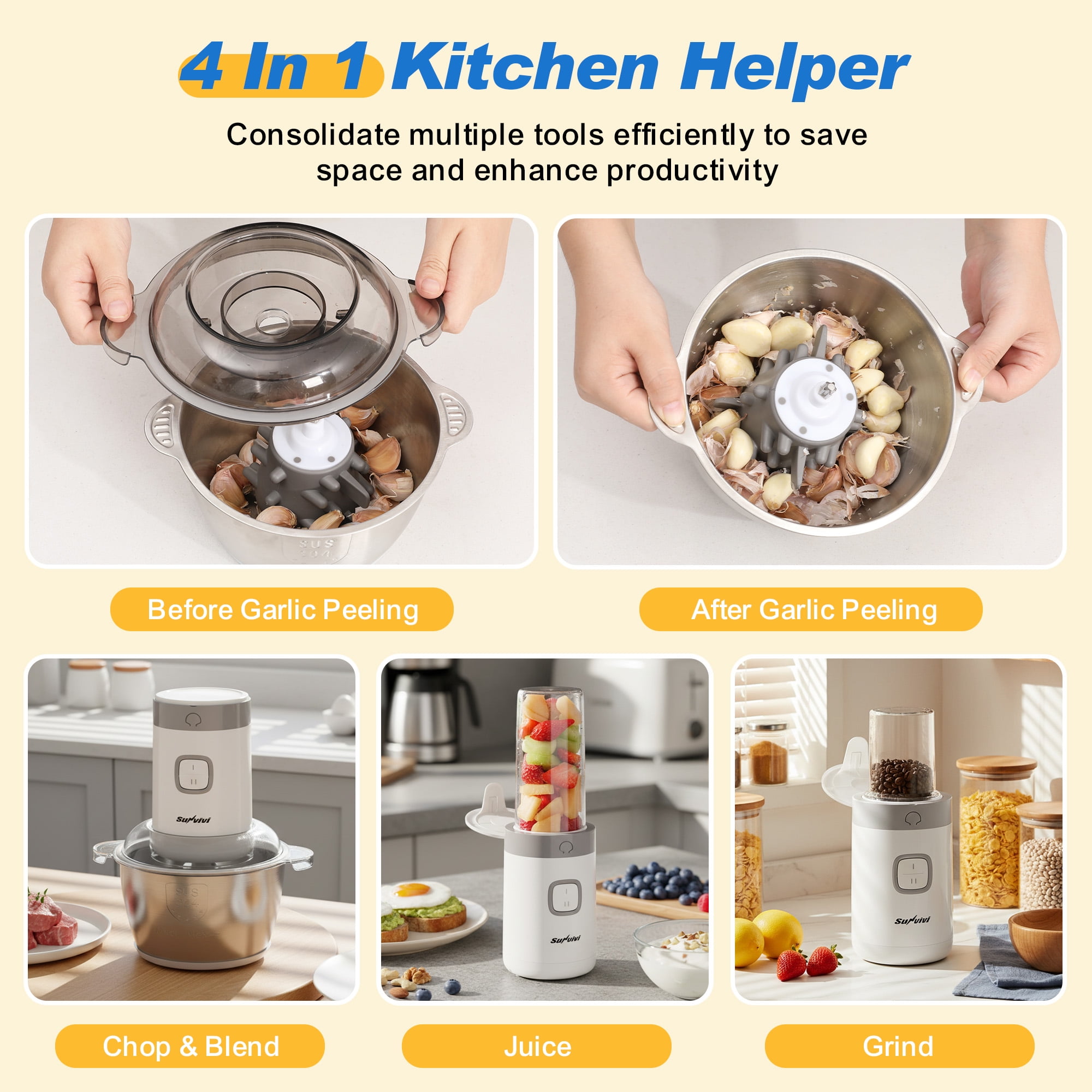 Heynemo 4-in-1 Multifunctional Food Processor, 350W Electric Chopper with Meat Grinder, Juicer, Coffee Grinder & Garlic Peeler