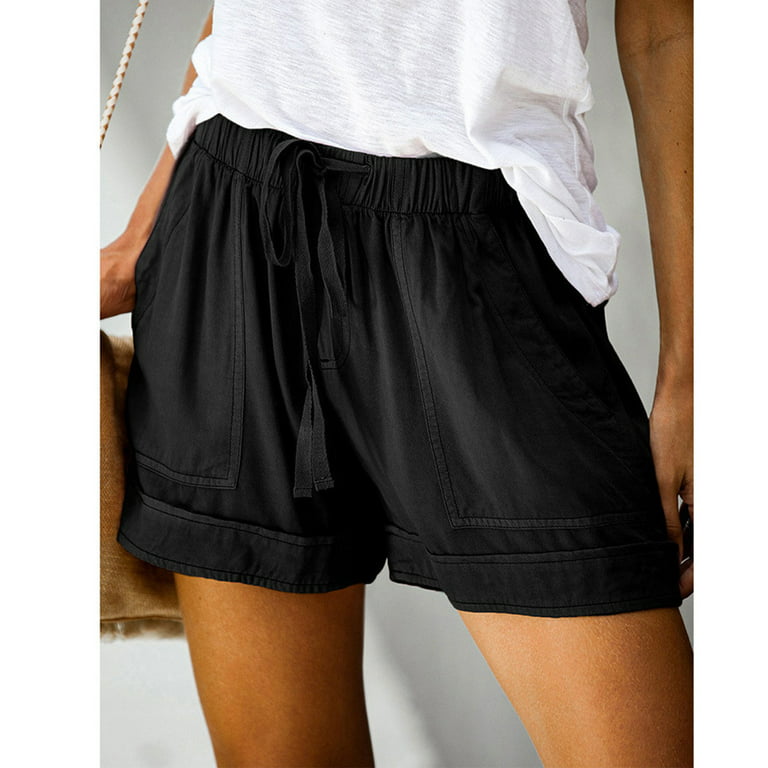 AXXD Shorts For Women Clearance Under $10,Plus Size Comfy Drawstring  Elastic Waist Pocket Loose Shorts Denim Shorts Lady Black 8 