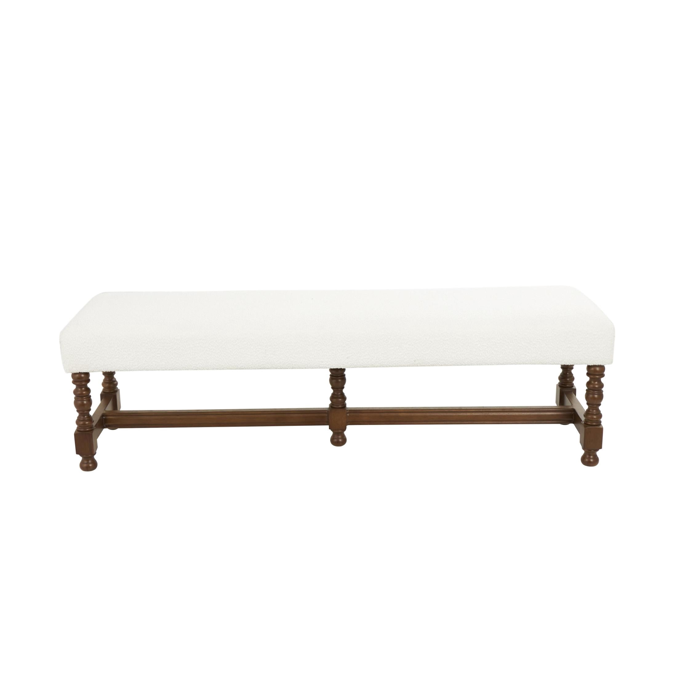 DecMode Fabric Bench with Brown Traditional Wood Turned Legs, Cream