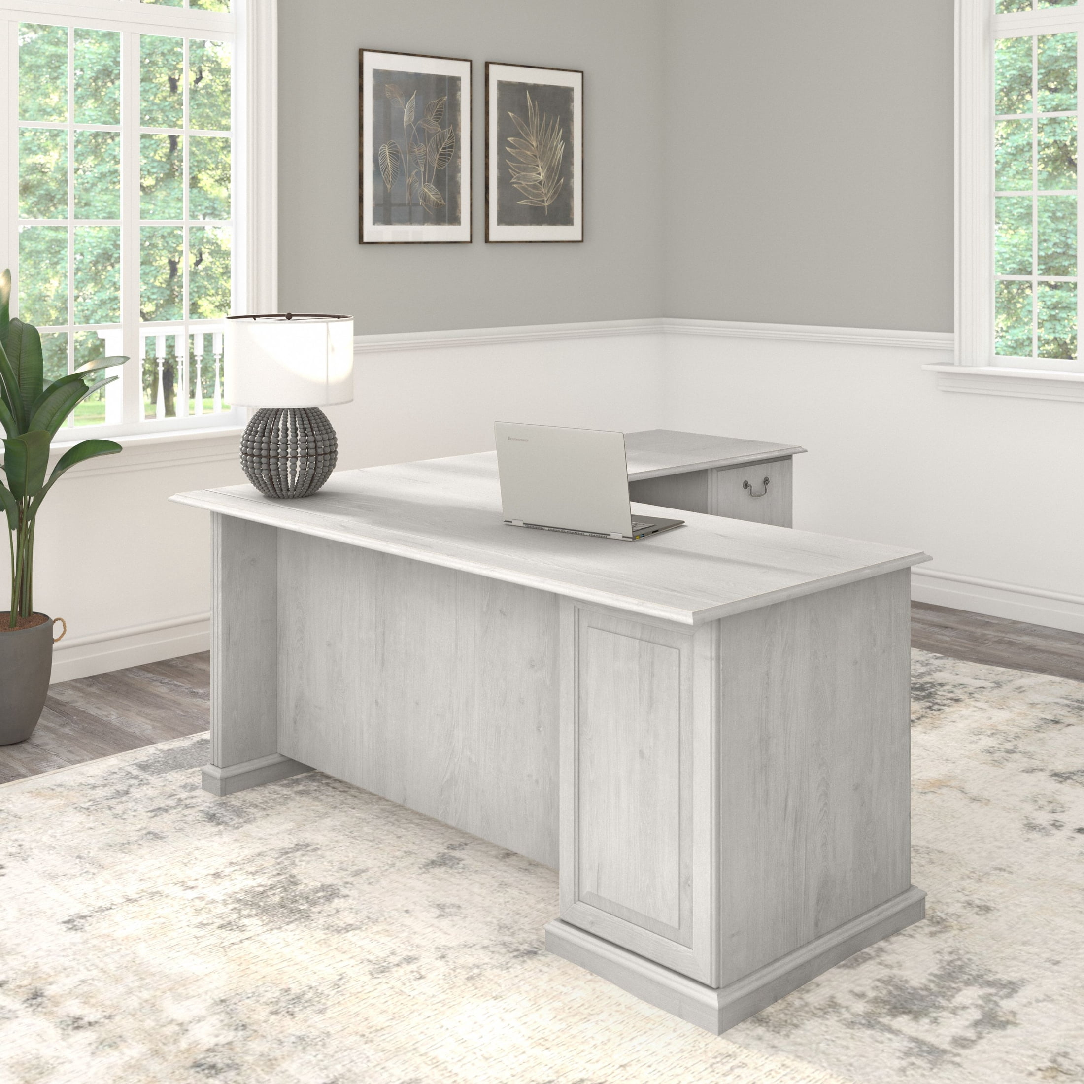 Bush Furniture Saratoga L Shaped Computer Desk with Drawers in Linen White Oak