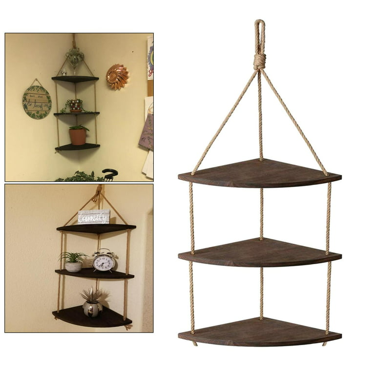Hanging Corner Wall Shelf ,Rustic Wood Floating Shelves,Thick Rope Firm ,  Sundries Storage Organizer Decor for Bedroom Kitchen 