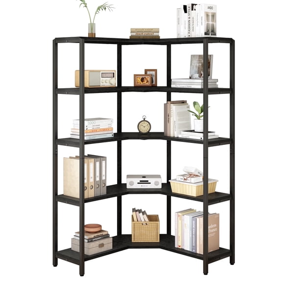 Paasyonmate 67 inch High L-Shaped Corner Bookshelf, 5-Tier Industrial Bookcase with Open Storage Shelves for Bedroom Living Room, Brown