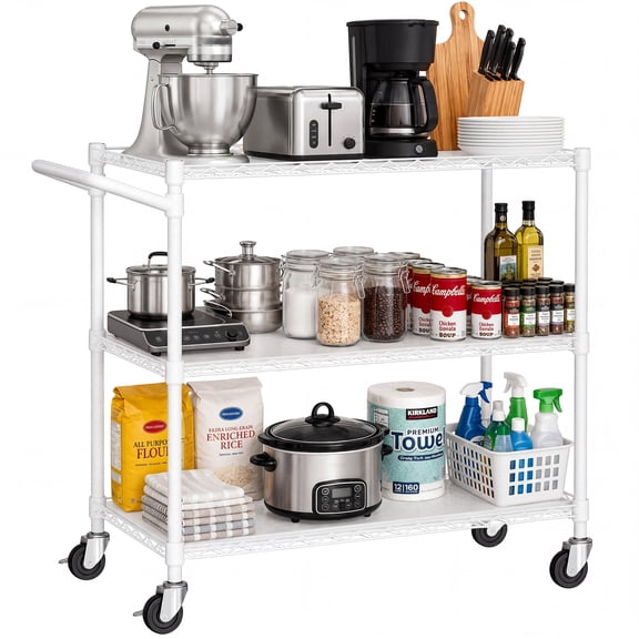 WORKPRO 35" Extra-Wide 3-Tier Rolling Utility Cart with Wheels, 330lbs Heavy-Duty Metal Storage Cart with Locking Casters, Handle & Shelf Liners, for Garage, Warehouse, Home