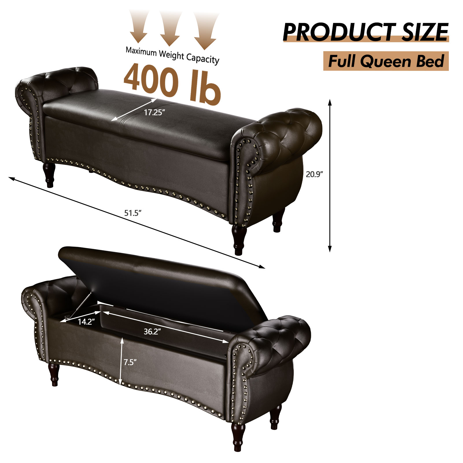 zzw 53" Upholstered Storage Ottoman Bench with Safety Hinge Lid and Tufted Fabric