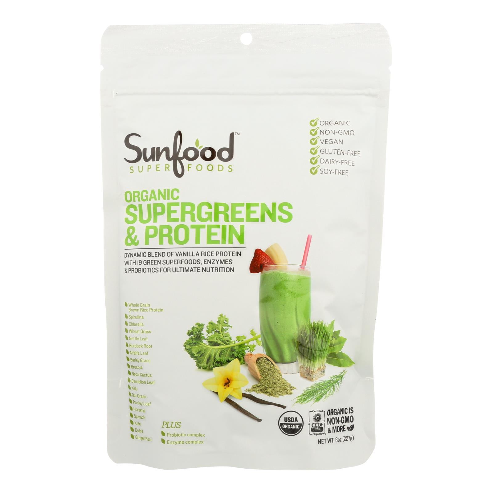 Sunfood Superfoods Super Greens Organic Superfood & Protein Powder with Probiotic Enzymes, 8 oz