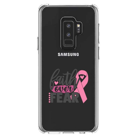 DistinctInk Clear Shockproof Hybrid Case for Samsung Galaxy S9  PLUS (6.2" Screen) - TPU Bumper Acrylic Back Tempered Glass Screen Protector - Pink Ribbon Cancer - Faith Over Fear
