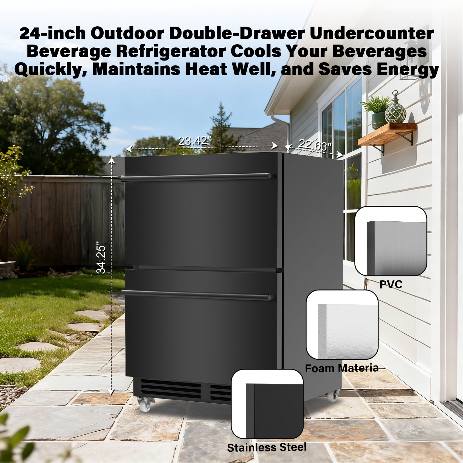 TITTLA 24 inch Under Counter Dual Drawer Beverage Refrigerator Fridge with Wheels,Freestanding for Patio, Stainless Steel Weather-Proof, Ideal for Home and Commercial Use