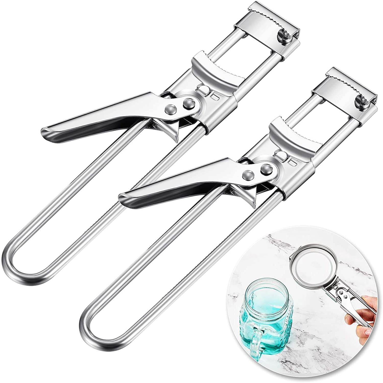 Kepooman 2 Pcs Kitchen Stainless Steel Adjustable Can Opener Handle for Jar Bottle, Silver