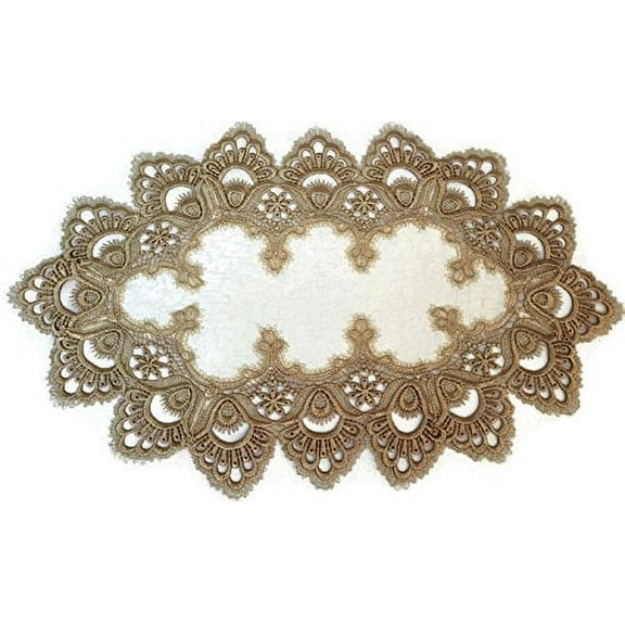 Doily Boutique Placemat or Doily Gold European Lace and Antique White Fabric, Size 27 x 13 inches