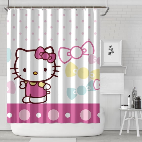 Waterproof Hello Kawaii Cat Cute Shower Curtain 84x72 Inch Polyester Unique Shower Curtain for Bathroom Hotel Home Bathtub Accessories Decor with 12 Plastic Hooks
