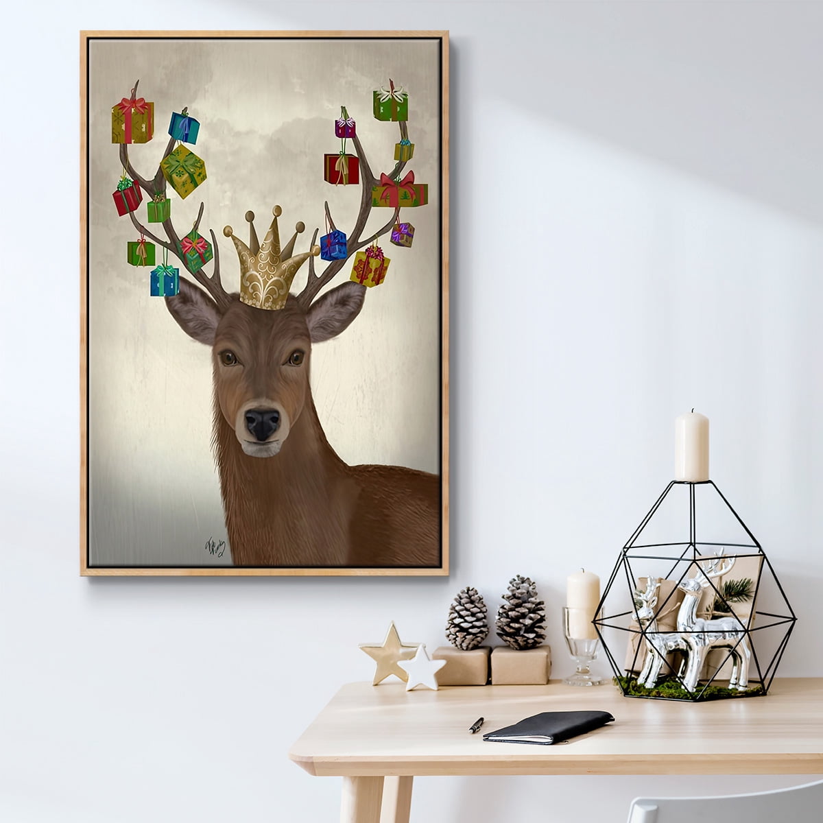 Christmas Gift Bearing Deer - Framed Gallery Wrapped Holiday Canvas - 17 x 25 - Natural Wood Frame