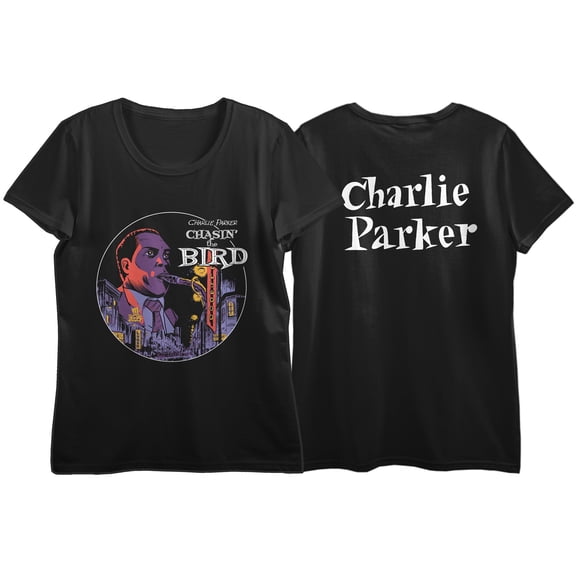 Charlie Parker Chasing The Bird Art Crew Neck Short Sleeve Women's Black T-shirt-Medium