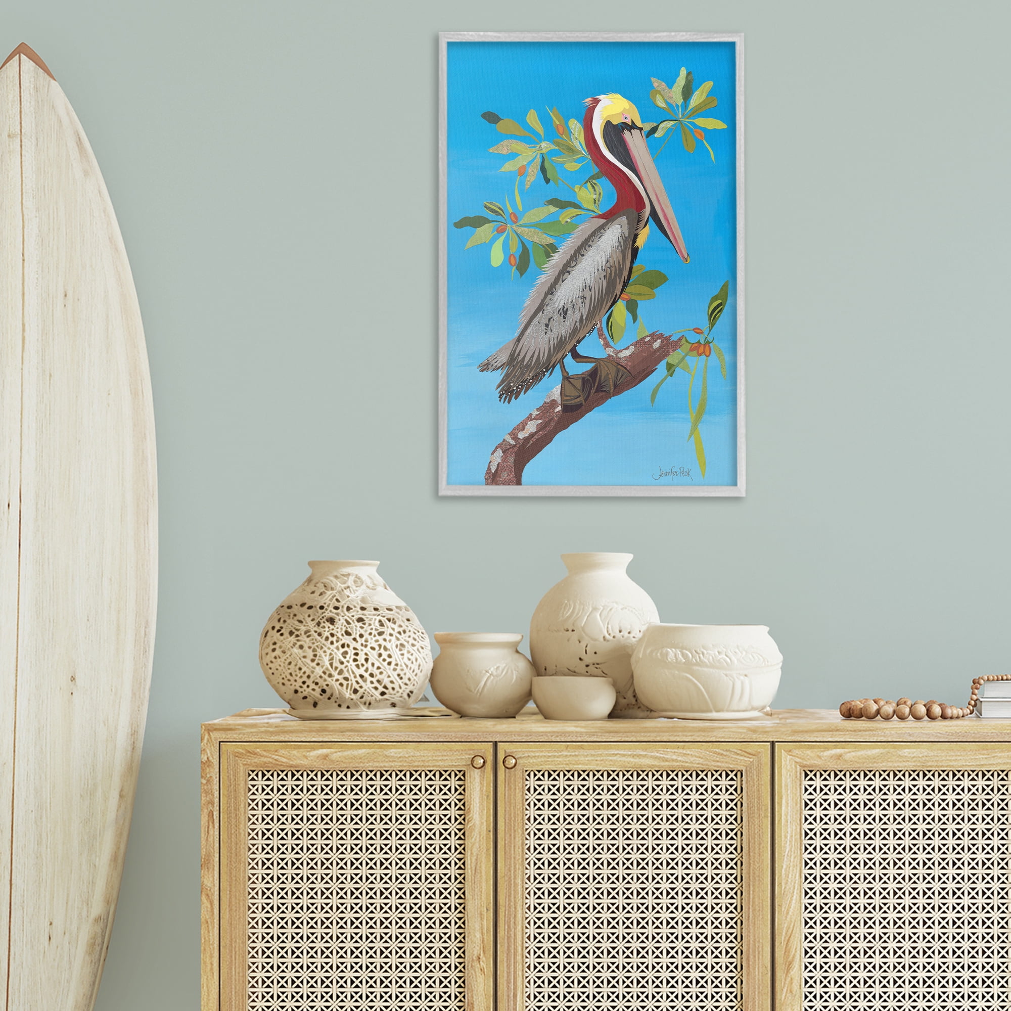 Stupell Industries Brown Pelican on Tree Animals & Insects Painting Gray Framed Art Print Wall Art, 20 x 30