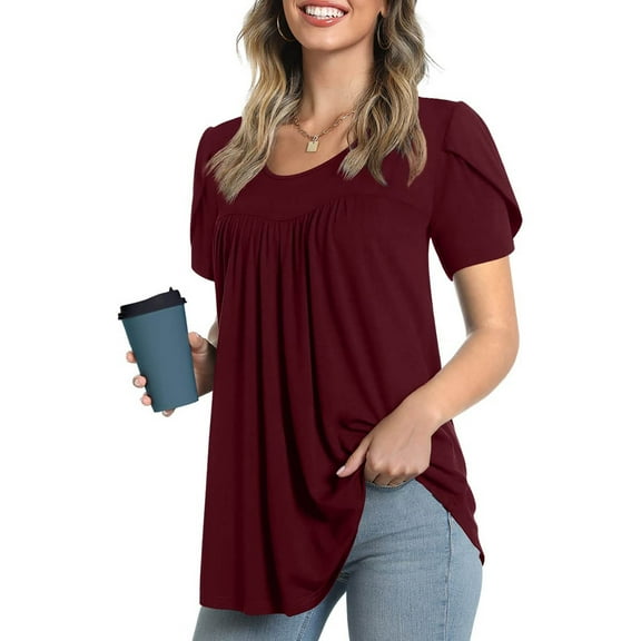 Wycnly Shirts for Women Casual Petal Sleeve Flowy Pleated Swing Tunic Tops Summer Casual Round Neck Short Sleeve Solid Ladies Blouses Wine m