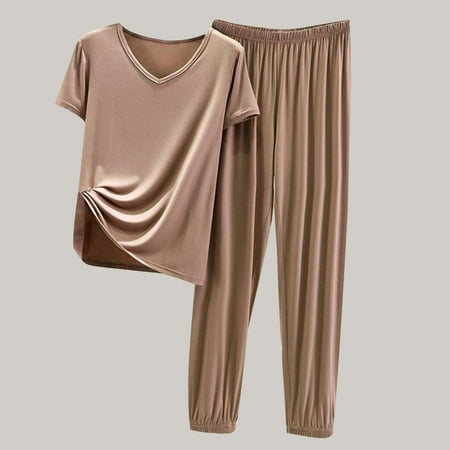 

EGNMCR Womens Pajama Sets Solid Color Short Sleeve V Neck Sleepwear Tops and Elasticized Long Pants Ribs without Marks Comfy Plus Size Lounge 2 Piece Sets on Clearance