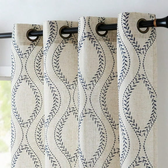 Linen Blend Curtains Beige Farmhouse Curtains 84 Inches Long Blue Embroidered Leaf Curtains For Living Room Ogee Geometry Drapes Light Filtering Grommet Country Curtain 2 Panels Blue On Flax