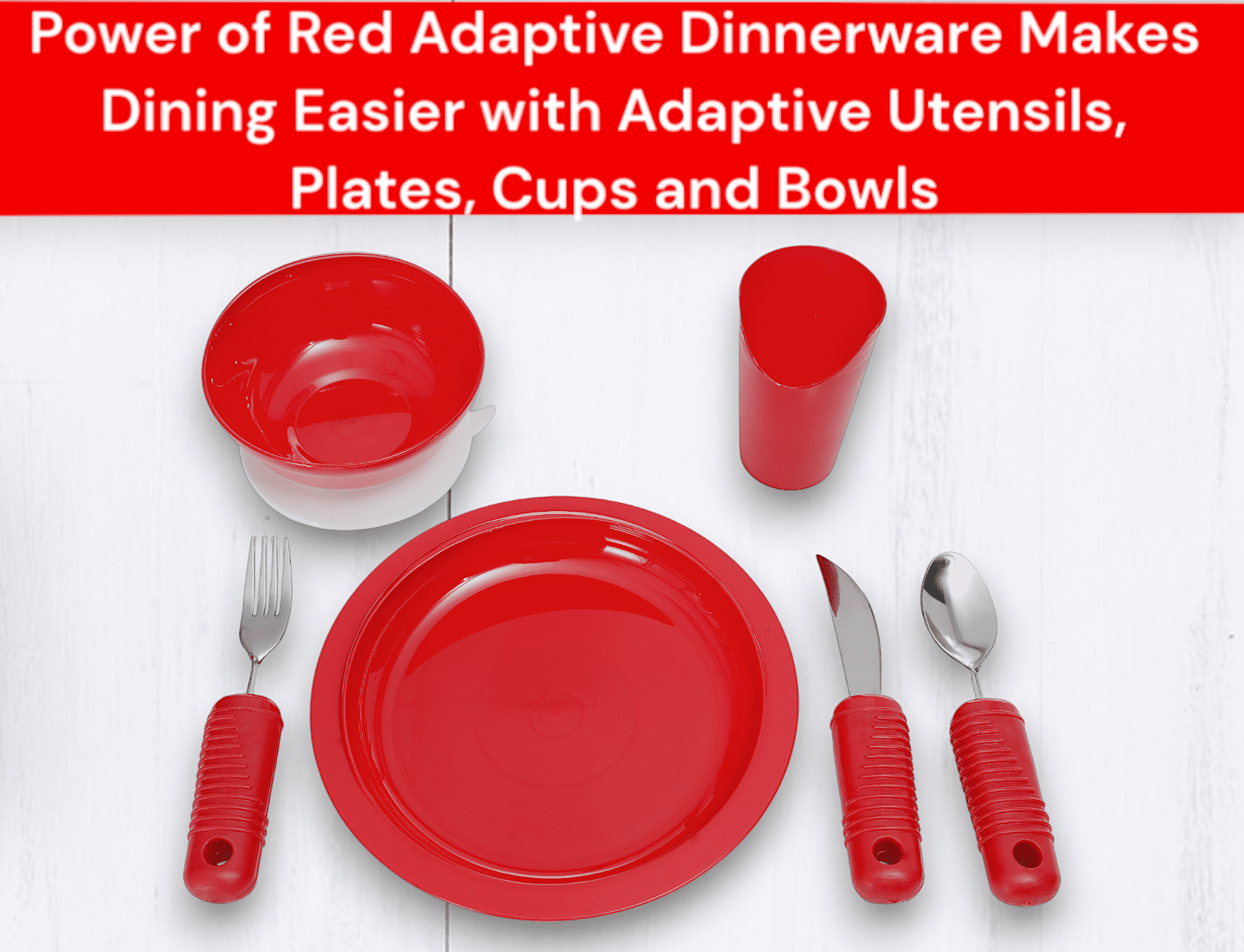 Essential Medical Supply Power of Red Complete Adaptive Dinnerware Setting for with Plate, Bowl, Cup, and Utensil Set