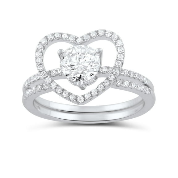 Sterling Silver Cz Two Piece Heart & Solitaire Ring for Women and Teens - Size 4
