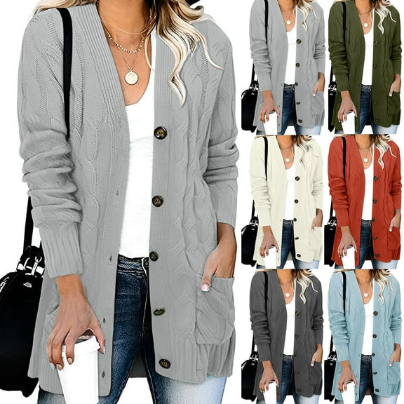 Lovskoo Cardigan Sweaters for Women Casual Solid Outfits Chunky Knit Open Front Sweaters Long Sleeve Button Cardigan Outerwear Coats with Pocket Dark Gray