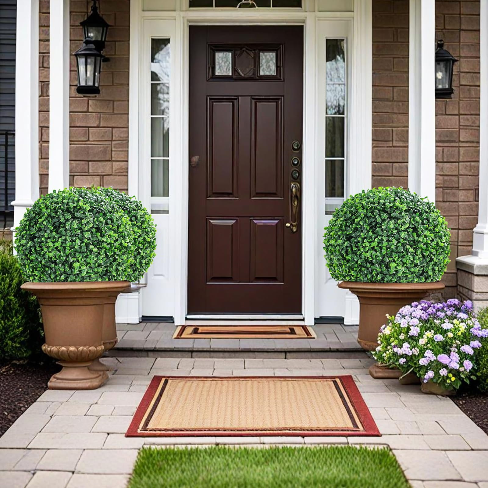 TROPOW 2 Pcs Artificial Plant Topiary Balls Outdoor, 19" Faux Boxwood Balls Fake Green Plants Decorative Spheres for Front Porch Patio Garden Backyard Home Wedding Decor