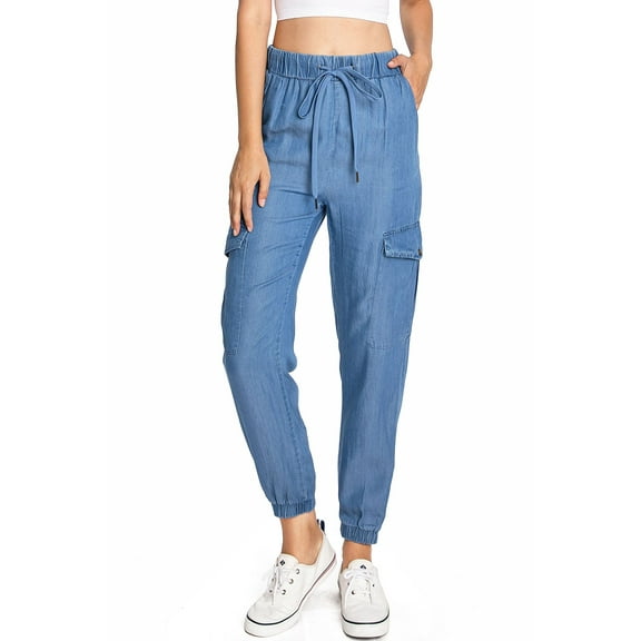 C'est Toi Women's High Rise Baggy Cargo Woven Tencel Jogger Pants (Medium Denim, Medium)