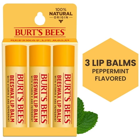 Burt's Bees 100% Natural Origin Beeswax Moisturizing Lip Balm with Vitamin E & Peppermint Oil, 3 Pack