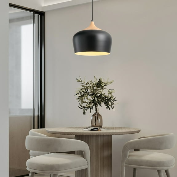 Modern Pendant Lamp Wood Grain Metal Shade Chandelier Black Ceiling Pendant Light for Kitchen Island, Dining Room, Living Room, Guest Room