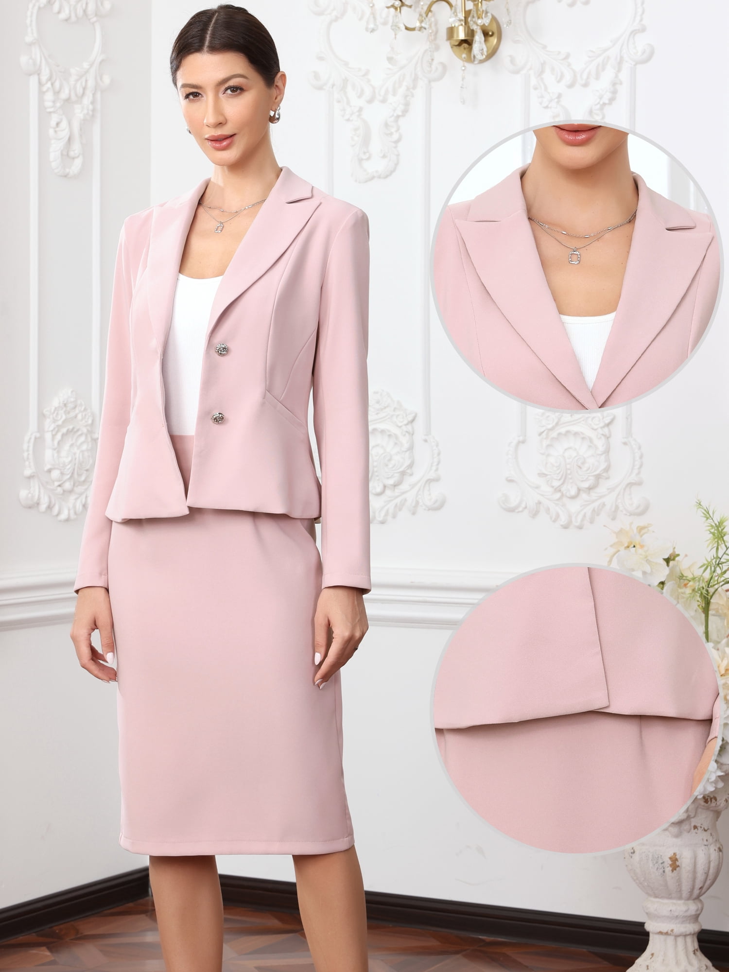 DARING DIVA 2Pcs Women's Long Sleeve Blazer Pencil Skirt Set M Pink