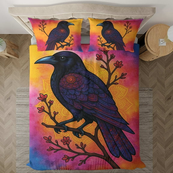 Lotusprinthandmade Raven Black Bird Bedding Set (Made in Vietnam) (60x80), Durable And High-Quality Animal-Themed Bedding
