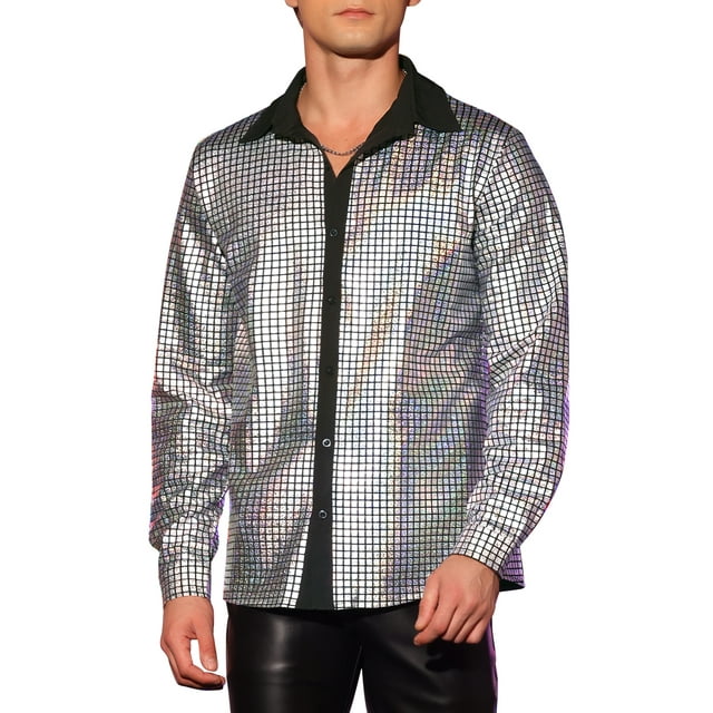 Camisas metálicas INSPIRE CHIC de manga larga para hombres, camisas brillantes de fiesta en discoteca, plateadas, talla S