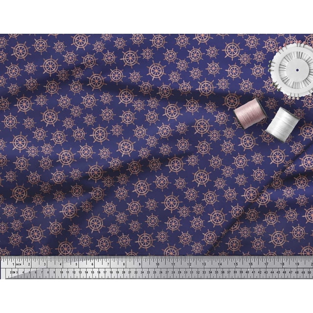 Soimoi Blue polyester Crepe Fabric Ship Wheel Nautical Decor Fabric Printed Yard 52 Inch Wide