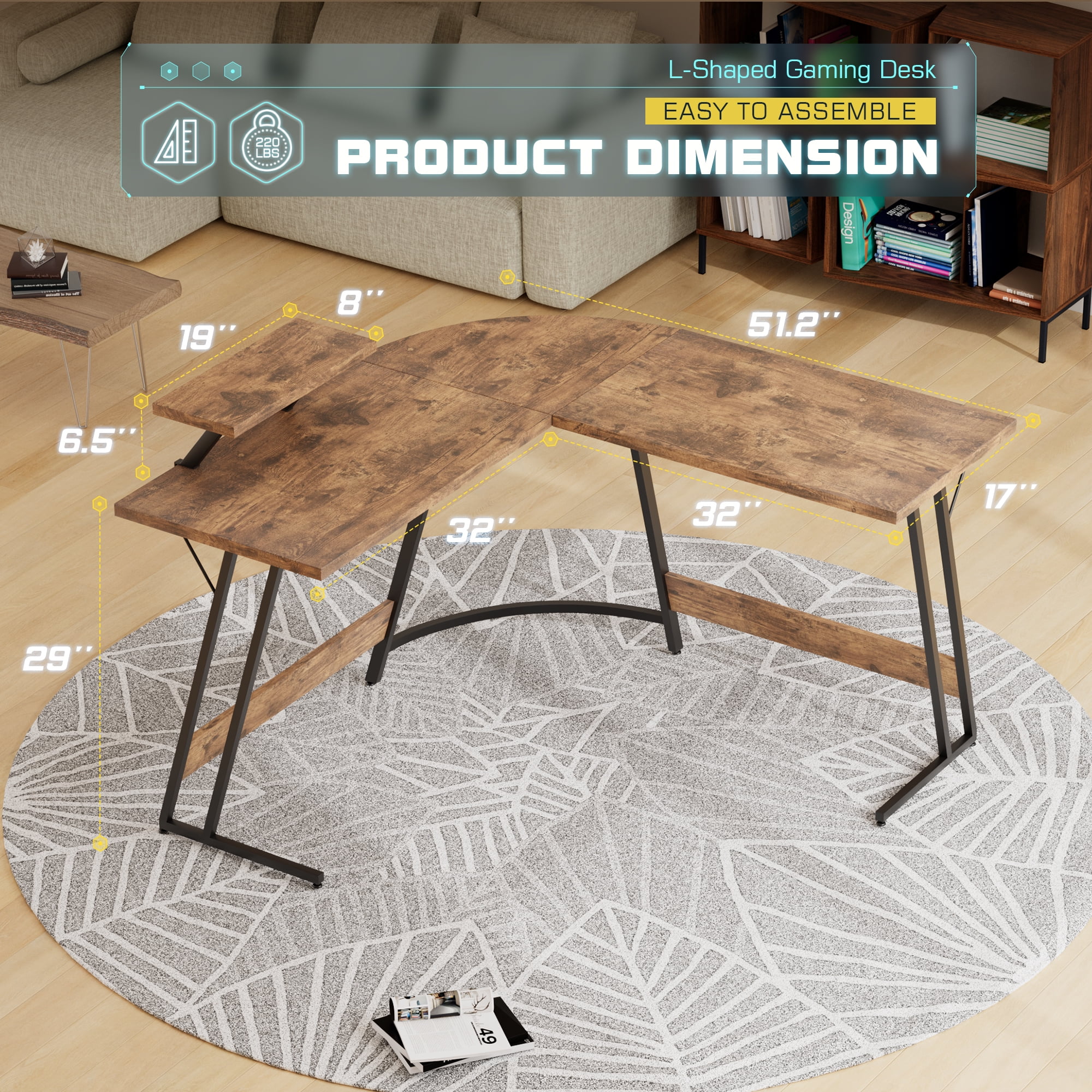 Homall L-Shaped Gaming Desk 51.2 Inches Corner Office Gaming Desk with Removable Monitor Riser, Classical Brown