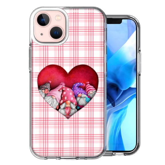 MUNDAZE for Apple iPhone 13 Valentine's Day Garden Gnomes Heart Love Pink Plaid Double Layer Phone Case Cover