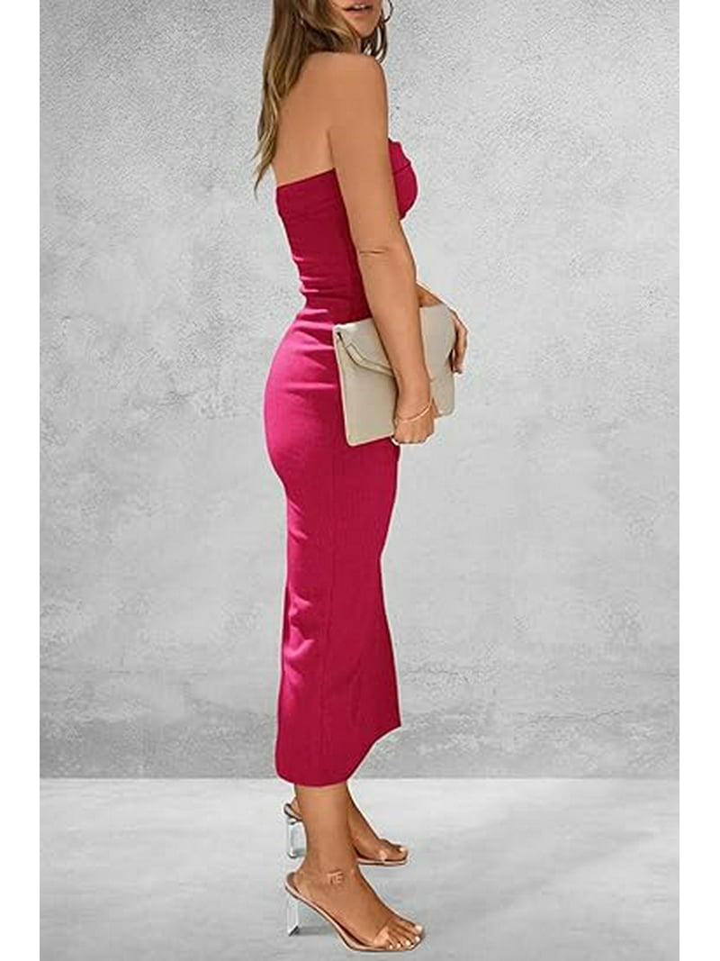 ribbed tube dress PRETTYGARDEN Women's Summer Bodycon Maxi Tube Dress Ribbed Strapless Side  Slit Long Going Out Casual Elegant Party Dresses