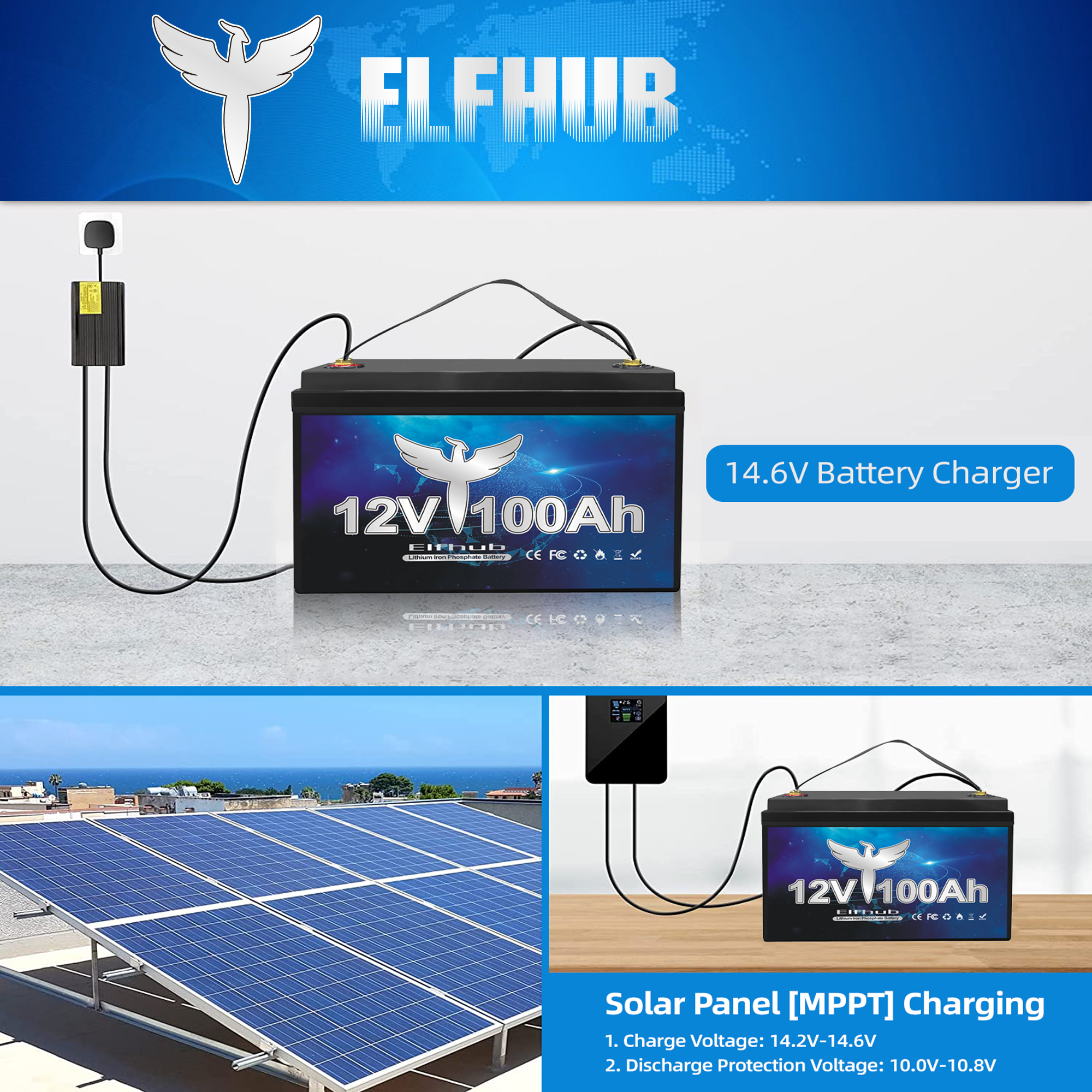 Elfhub LiFePO4 12v 100Ah Bluetooth Lithium Battery