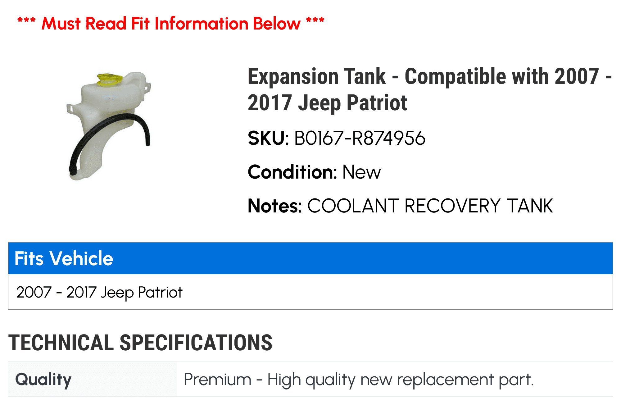 Expansion Tank - Compatible with 2007 - 2017 Jeep Patriot 2008 2009 2010 2011 2012 2013 2014 2015 2016