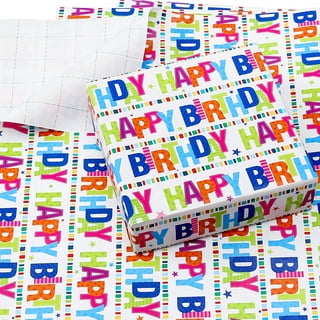 Birthday Wrapping Paper with Cut Lines - 3 Large Sheets Blue Happy Birthday  Gift Wrap Paper - 27 x 39.4 inch 