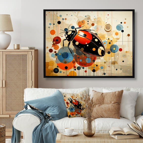 Designart Ladybug framed wall art decor, Ladybugframed wall art, Spots Geometric Ladybug Playful painting , Red Modern black framed wall art, 44x34 inches black frame