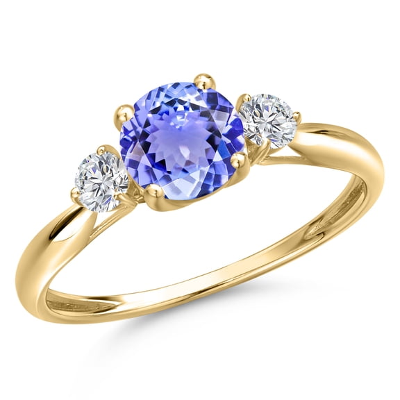 Gem Stone King 10K Yellow Gold Blue Tanzanite and Lab Grown Diamond 3-Stone Ring for Women | 1.12 Cttw | Round 6MM | Gemstone December Birthstone | Size 9
